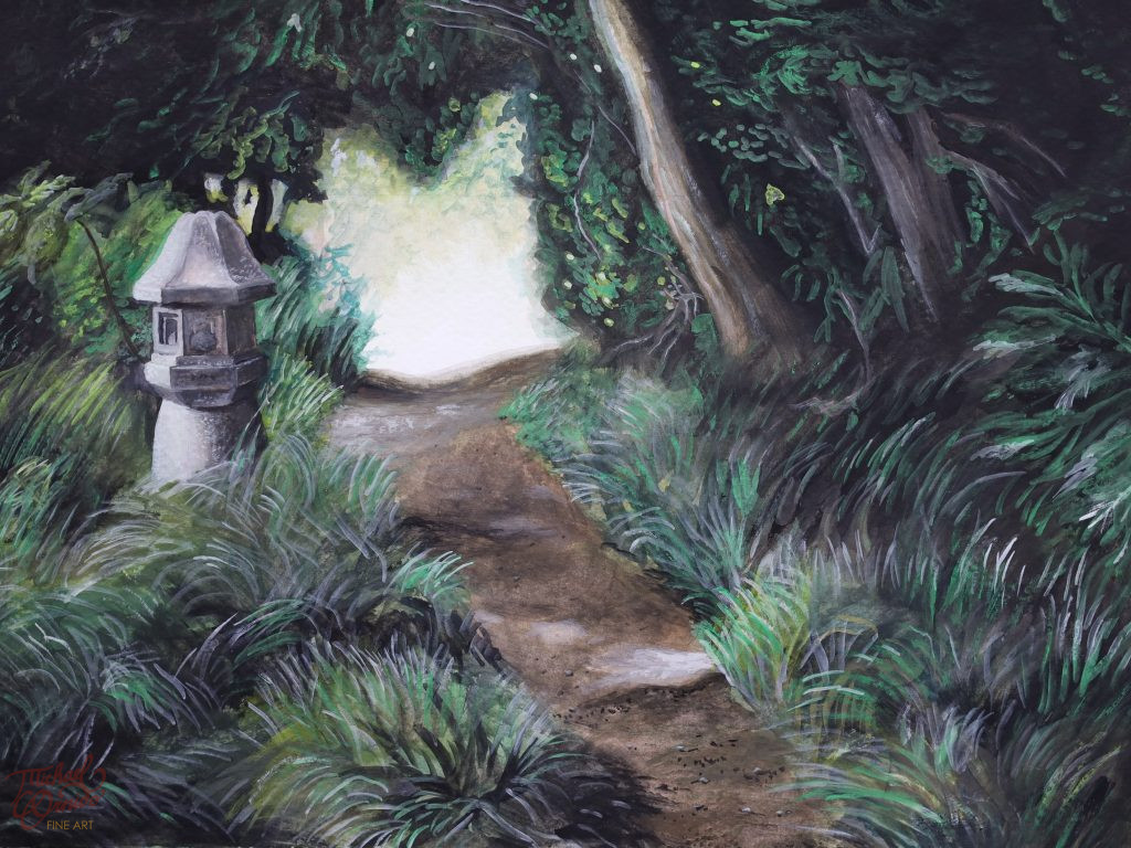 “The Awaiting Light”, 9″ by 12″, watercolor/gouache on paper, 2022