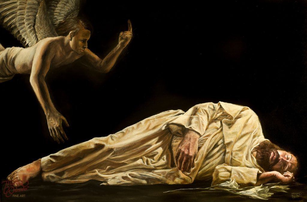 “St. Joseph’s First Dream”, 24″ by 36″, oil on canvas, 2021