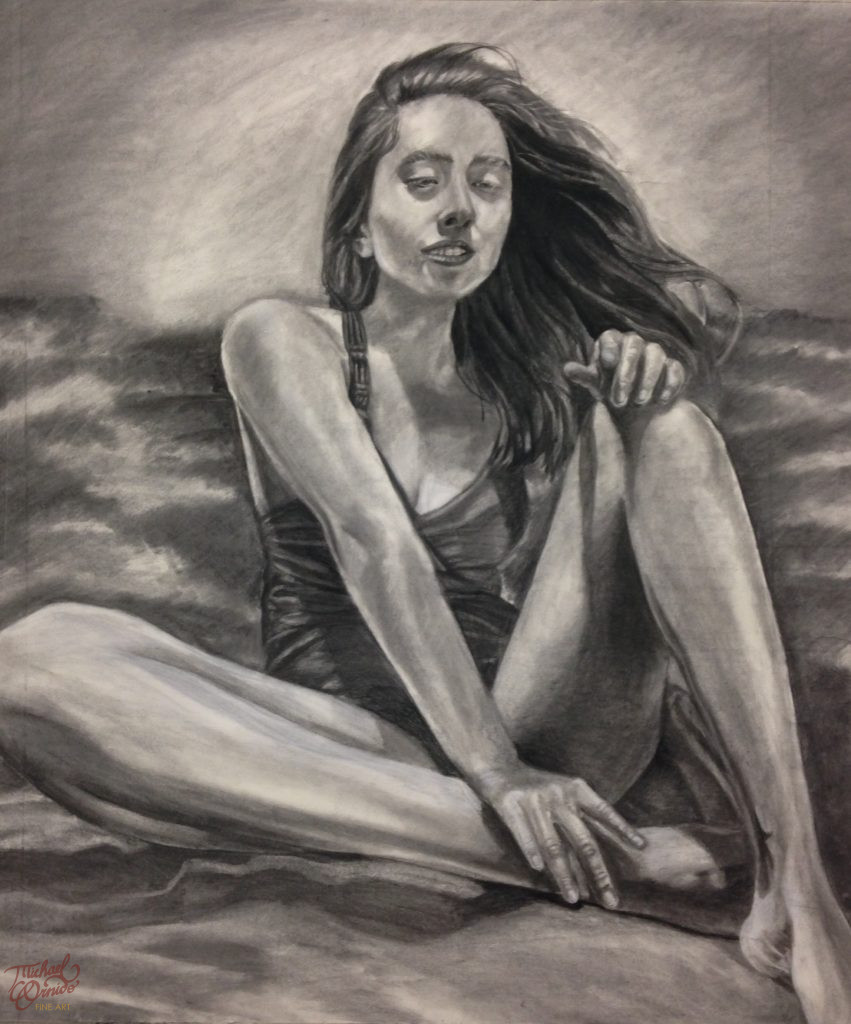 “Freedom” (female anatomy practice), 48″ by 36″, charcoal on paper, 2018