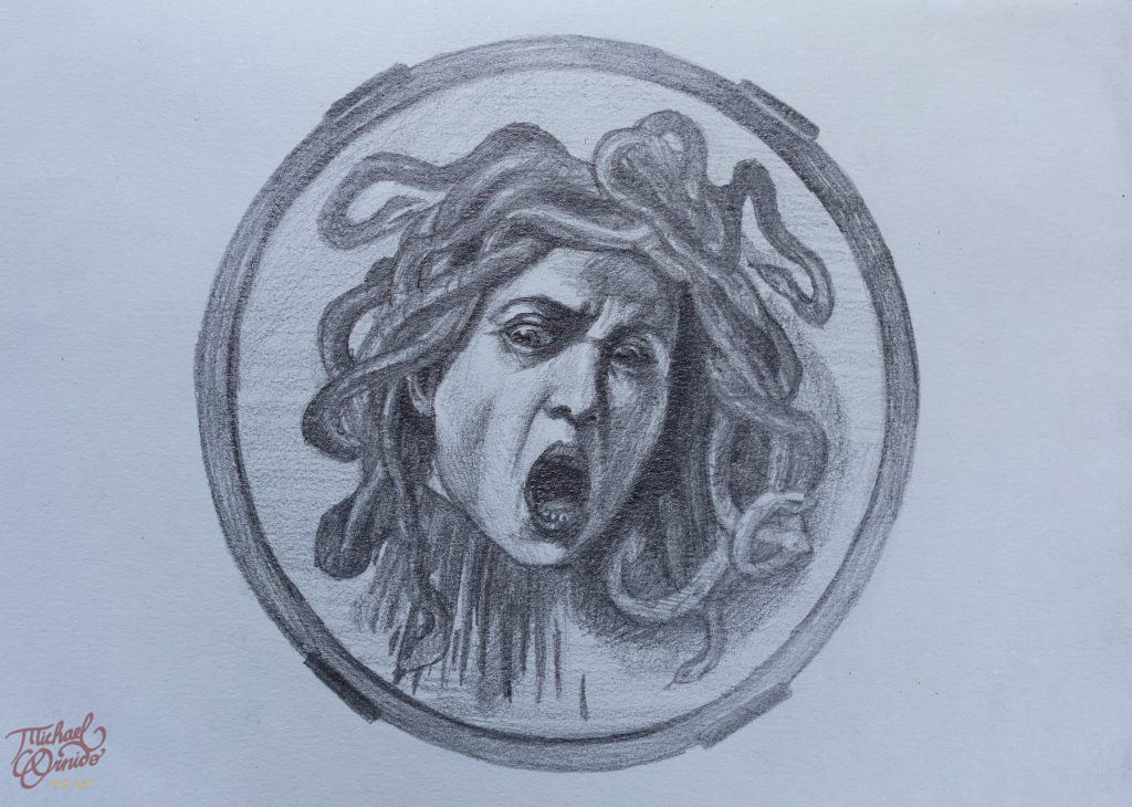 Caravaggio's "Medusa", graphite on paper, 2024