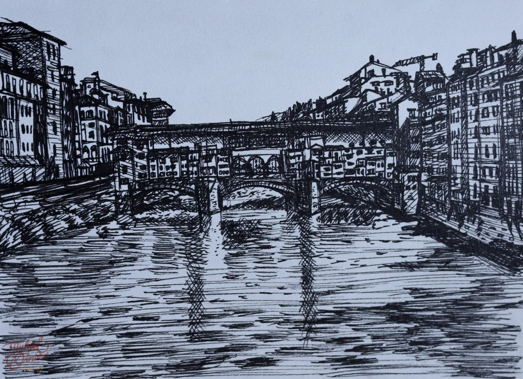 Ponte Vecchio, drawing pen on paper, 2024
