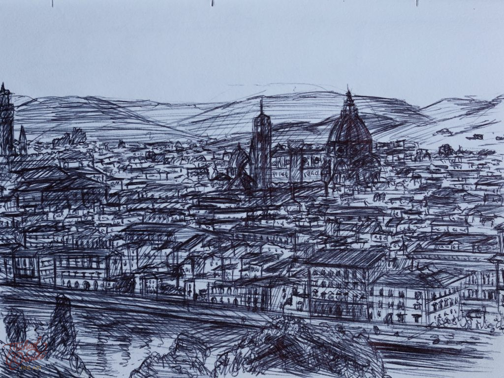 View of Florence from Piazzale Michelangelo, ballpoint pen on paper, 2024