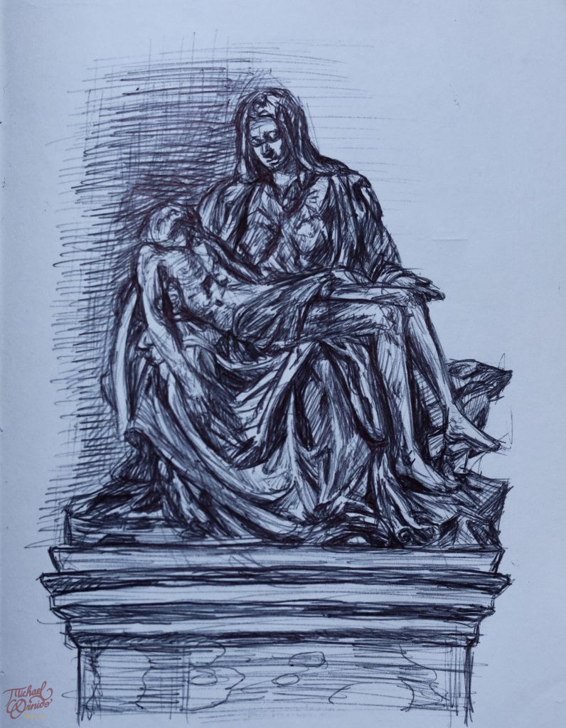 Michelangelo's "Pietà", ballpoint pen on paper, 2024