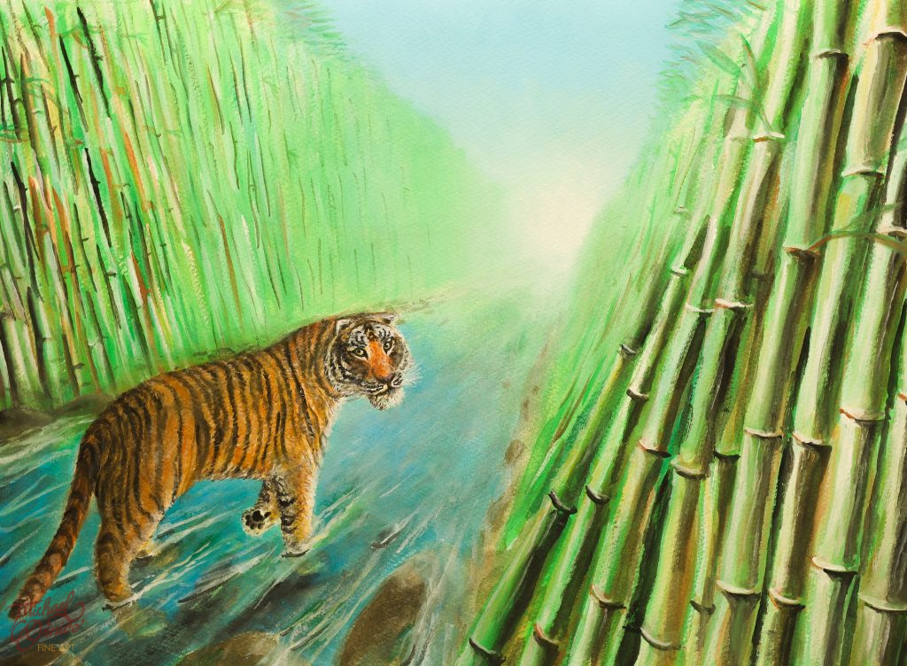 “The Tiger on a Stream”, 8″ by 11″, watercolor/gouache on paper, 2022